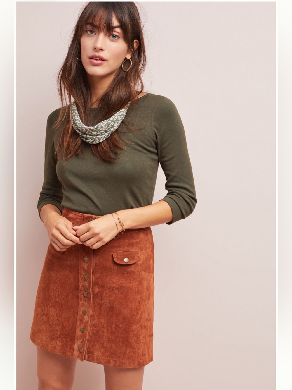 Anthropologie Brown Leather Button-Front Mini Skirt